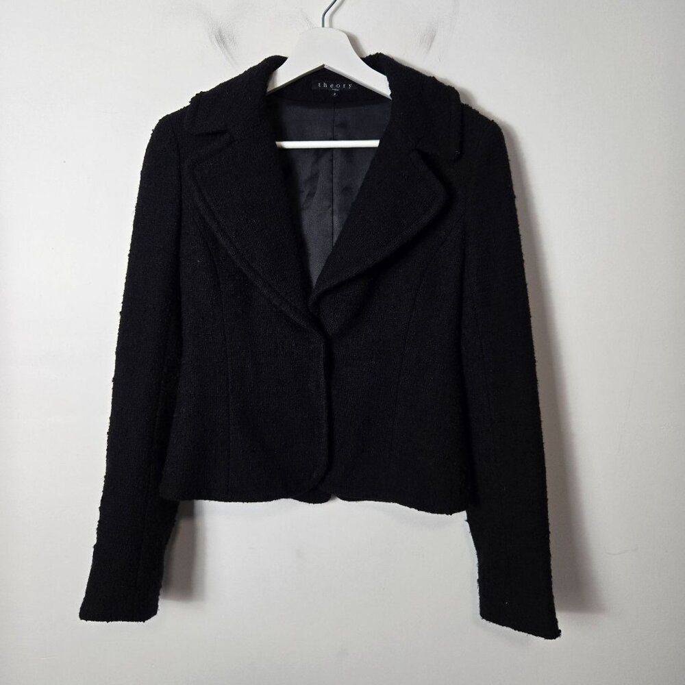 Theory Size 2 Boucle Snap Blazer Tweed Jacket Black Wool Blend Lined